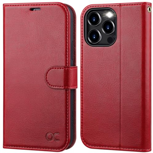 OCASE iPhone 15 Pro Hülle Handyhülle [Premium PU Leder] [Kartenfach] [Standfunktion] RFID Schutzhülle Klapphülle Handytasche Lederhülle Kompatibel für iPhone 15 Pro Rot