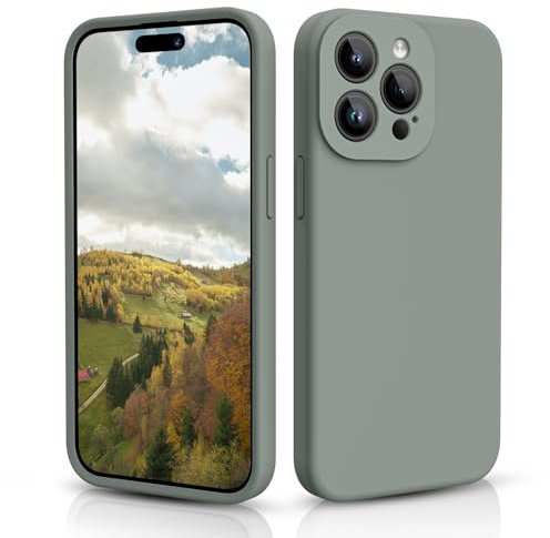 CALOOP Slim-Fit for iPhone 15 Pro Max Case,Skin Soft Liquid Silicone,Sturdy Hard Frame Shockproof Cover with Anti-Scratch Microfiber Lining,Full Protection for Screen and Lens,6.7 inch(Copper Green)