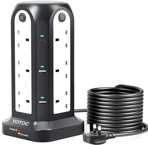 Tower Extension Lead,12 Way Surge Protected Extension Lead with 4 USB(5V 4.8A) Slots,2 USB-C(5V 3A),3250W Power Strip with 4 Individual Switches and 3M/9.8ft Extension Cable for Home,Office,School