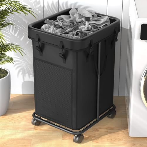 YKDIRECT 150L großer Wäschekorb, Wäschekorb Kleiderkorb, Metallrahmen und abnehmbare Taschen Design mit Rädern, geeignet für Schlafzimmer, Bad, Schlafsaal, Waschküche (Schwarz)