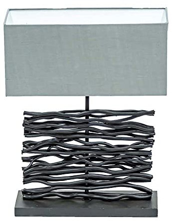 LED Tischleuchte Tischlampe Beistelllampe Holzlampe Schreibtischlampe Wohnzimmerlampe, Holz schwarz Stoff grau, 10,5W 1055 Lumen warmweiß, H 50 cm