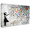 Banksy Leinwand Wandkunst Mädchen mit schmetterlinge Grau - Komplett Aufhängefertig, Strassen Kunst-Graffiti-Wanddekoration art, moderne Leinwand Mood bilder (100x150 cm)