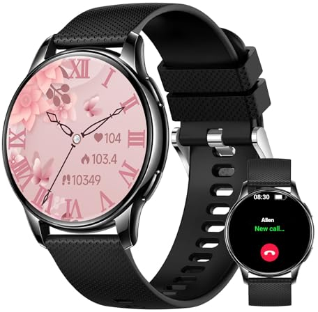 Carneedi Smartwatch Damen mit Telefonfunktion 1.32 AMOLED Display Uhren Fitnessuhr Tracker mit 110+ Sports IP68 Wasserdicht 24H Herzfrequenz SpO2 Schlafmonitor, Armbanduhr für iOS Android (Schwarz)