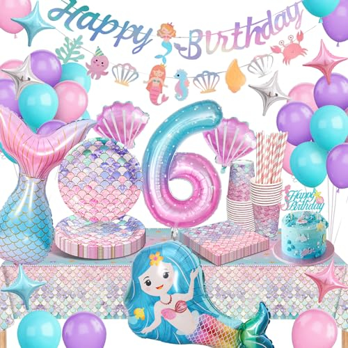 Yosiio Décoration Anniversaire Sirène 6 Ans - Kit Vaisselle et Décorations pour Fête d'Enfants - 16 Invités