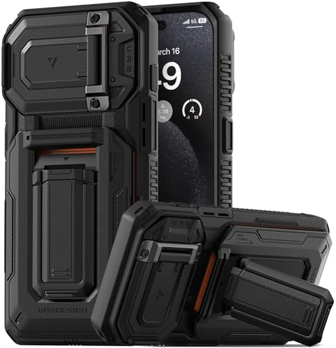 VRS DESIGN Origin Schutzhülle für iPhone 15 Pro (2023), robust, halbautomatisch, 3 Kartenfächer, Standfunktion, 3 Karten, Mattschwarz