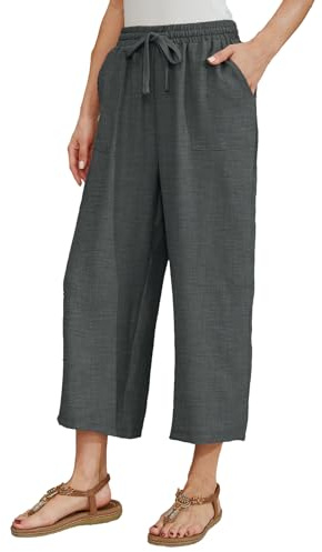 Fourindo Leinenhose Damen 7/8 Weites Bein Sommerhose Damen Leicht Elegant Leinenhose Stoffhose Causal Locker Freizeithose Hohe Taille Sommer Hosen für Urlaub und Alltag