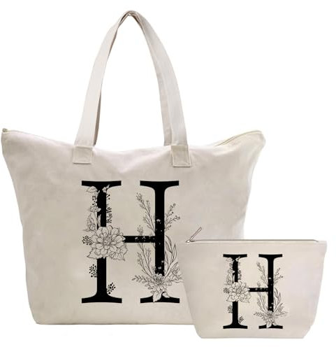 Personalisiert Initialen Tragetasche Canvas, Kosmetiktasche mit Reißver, Damen Handtasche Tote Bag, Einkaufstasche Geschenk für Frau Freundin Mama Schwester, Braut & Brautjungfern Schminktäschchen H