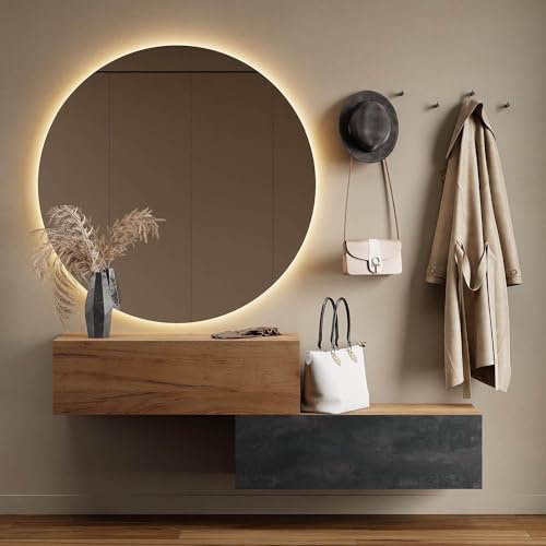 Planetmöbel Flurgarderobe 2X 100 cm inkl. Spiegel rund mit Beleuchtung 100 cm, Gold Eiche - Schwarz Charcoal/Gold Eiche, Flur Möbel mit Spiegel, 2X 37,8T x 100B x 32,5H cm
