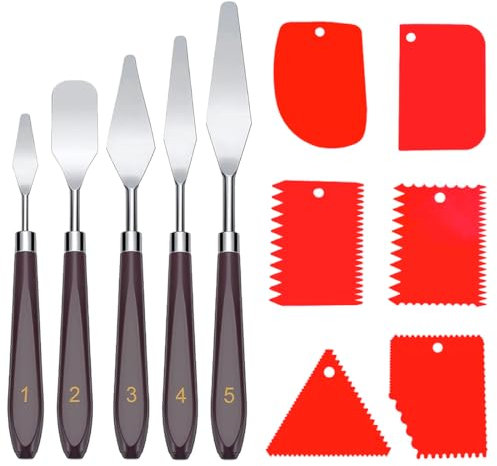 WeddHuis 11 Pcs Espatulas Pintura Acrilica Set, 5 Cuchillos de Paleta de Acero Inoxidable+6 Cuchillos Rascadores Raspador para Arte Mixto Pintura Espatulas Aceite espátula de color
