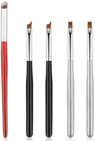 5pcs French Tip Nail Brush Set Red Wooden Handle Gel Builder Ombre Brush Oblique Head Nail Brushes Half Moon Shape Silver Handle Nail Brushes French Manicure Brush for Nail Manicure Tools