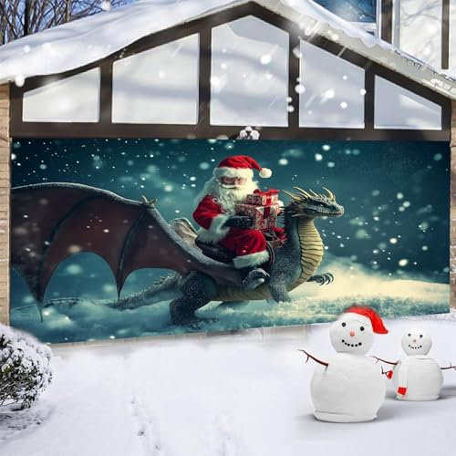 Generisch Weihnachten Garagentor Banner Weihnachtsdeko 4.8×2.1m Groß Aesthetic 3D Weihnachtsmann Drachenritter Garagentor Wandbild Hintergrund Schild Home Decor Supplies Partyatmosphäre Dekorationen