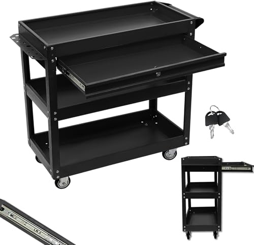 DHQCQL Servante d'atelier, 3 compartiments, établi avec tiroirs et verrouillable, chariot à outils mobile vide avec tiroirs pour ateliers, garages, entrepôts, chantiers de construction (noir)
