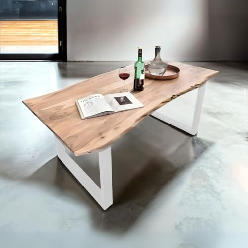 Bett11 Esstisch 120x80 cm naturfarben, Akazienholz massiv 26mm, U-Gestell weiß, Baumkantentisch aus Holz, Casa Massiva