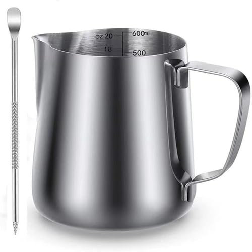 Kolamom Pichet Lait Inox 600ml/21oz, Pot à Lait avec Mesure Mark pour Faire Mousse le Lait, des Capuccinos, des Jus