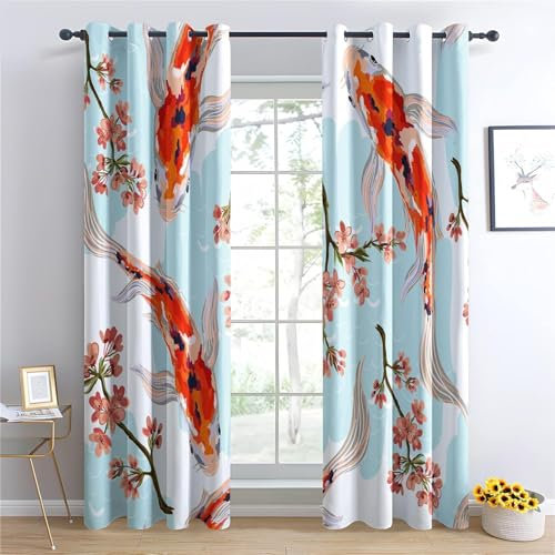 Gardinen Fisch Blume Verdunklungsvorhänge mit Ösen Thermo Vorhang Kälteschutz, Retro Stil Blickdichte Gardinen Schlafzimmer Blackout Vorhang Wärmeisolierend 245x140 cm(HöhexBreite), 2er Set