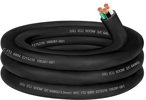 6/3 Wire 6 Gauge SOOW Portable Power Cable Wire,6AWG 600V SOOW Electrical Cable,6AWG 3 Conductor Extension Cord for Welder Machine,Generator,Portable Light,EV Car Charger,Motor Lead,Industrial-10ft