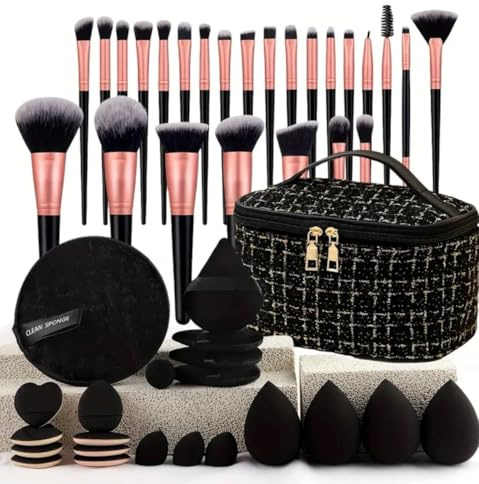 Professional Makeup Brush Set, 47 Pieces with Travel Case, Rose Gold and Black, Includes Beauty Sponges