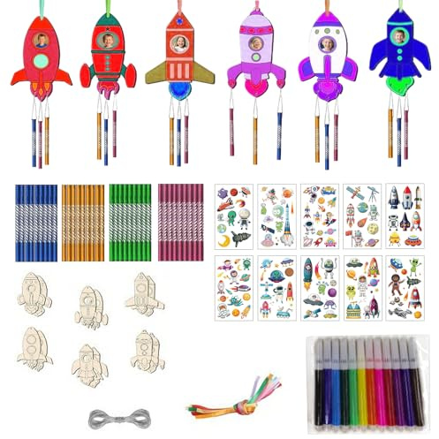 Tgsedr 12 Stück Holz Windspiel Bastelset Raketen Windspiel Bastelset Basteln DIY Party Dekoration Holzbastelsets Deko