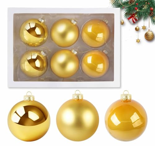Lindahandel Premium Weihnachtsbaumkugeln 6er Set in Gold Ø 10cm, Christbaumschmuck aus Glas mit Aufhänger für Festliche Dekoration