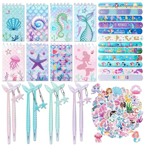 Eymobad 78 PCS Meerjungfrau Party Geschenke Set - 12 Armband, 8 Notizbuch, 8 Kugelschreiber, 50 Aufkleber, Meerjungfrau Party Mitgebsel für Kindergeburtstag, Gastgeschenk & Schulbelohnung für Mädchen