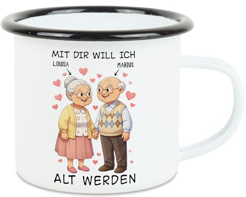 Kiddle-Design Pärchen Tasse Personalisiert Geschenk Valentinstag, Spruch mit dir Will ich alt Werden, witziges Geschenk Jahrestag Partner, Paar Pärchen Hochzeitstag - Emaille Blau