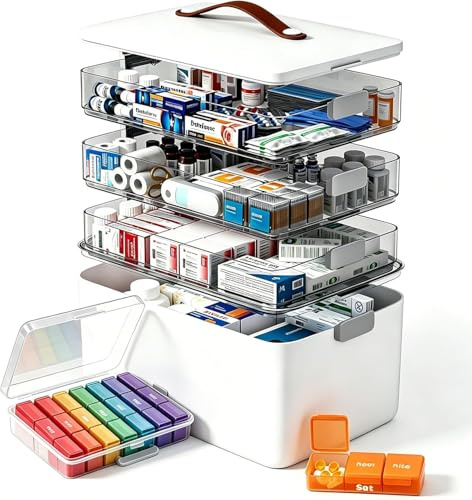 IMHO 4-stöckige Medizin Organizer Box, groß, leer, Erste-Hilfe-Kasten mit Griff, tragbarer Aufbewahrungskoffer für Zuhause, Reisen, Auto, Camping, Notfallvorsorge, Kunststoff, Weiß