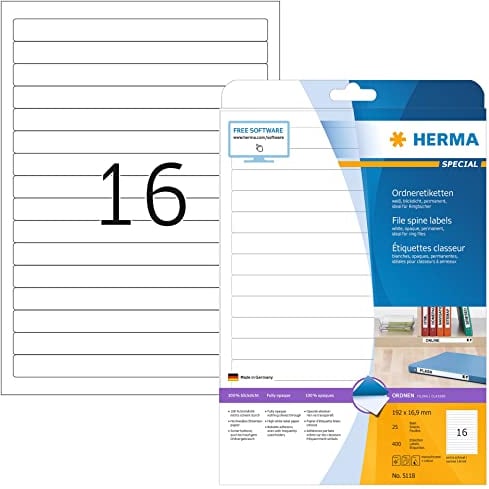 HERMA 5118 Ordnerrücken Etiketten kurz, 25 Blatt, 192 x 16,9 mm, 16 pro A4 Bogen, 400 Stück, selbstklebend, bedruckbar, blickdicht, blanko Papier Ordneretiketten Rückenschilder Aufkleber, weiß