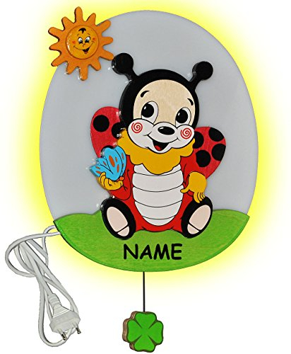 alles-meine.de GmbH hochwertige Wandlampe aus Holz - Marienkäfer mit Schmetterling incl. Namen - 28 cm hoch - Kinderzimmer Wandleuchte - Lampe Tiere - für Kinder - Tier Sonne Käf..