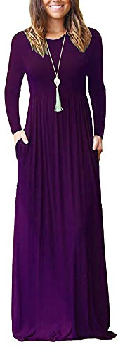 AUSELILY Women's Casual Long Sleeve Maxi Dress Loose Long Dresses with Pockets Purple L