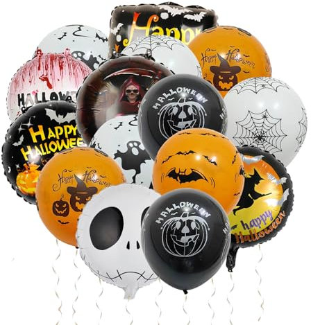 50 Stück Halloween Luftballons Schwarz Orange Weiß Ballons mit 6 Stück Halloween Foil Ballons für Halloween Party Deko