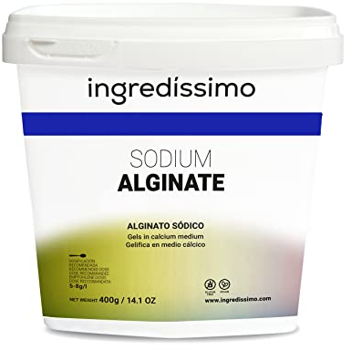 INGREDISSIMO - Alginato Sódico en Polvo, Aditivo Alimenticio Natural, Espesante y Gelificante, para Esferificaciones y Gelatinas, De Color Blanco a Amarillento Marrón, sin Sabor y sin Olor - 400 g