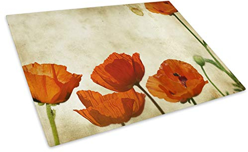 Retro Orange Poppy Flower Glass Chopping Board Kitchen Worktop Saver Protector