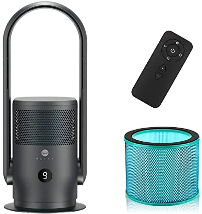 U ULTTY Rotorlos Ventilator mit Luftreiniger, Turmventilator Leise mit Fernbedienung, Touch, 8H Timer, HEPA-Filter 99,97%, 60 cm 90° Oszillation Bladeless Fan für Schlafzimmer Büro, CR021 Schwarz