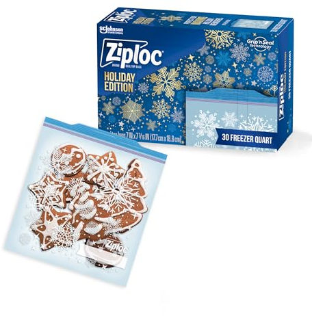 Ziploc Freezer Bags with New Grip 'n Seal Technology, for Food, Sandwich, Organization and More, Quart, 120 Count, Holiday Designs