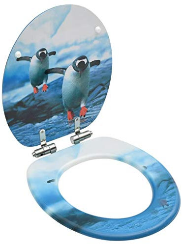 vidaXL Soft-Close MDF Toilet Seat with Quick Release - Durable Bathroom WC with Adjustable Hinges and Playful Penguin Design