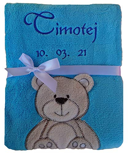 Wuff-Dogsworld Babydecke viele Farben & Motive mit Namen/Geburtsdatum Bestickt Geschenk Baby (türkis Bär)