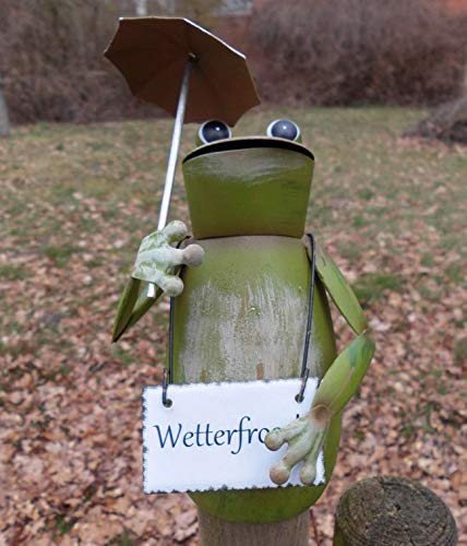Deko-Impression Zaunfigur Zaunhocker Frosch mit Schirm u. Schild Wetterfrosch Gartendeko Eisen