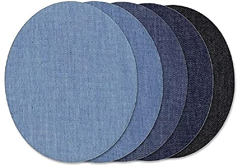 5 PCS Denim Jeans Iron on Patches Round Set Clothing Repair Kit Quality Fabric Sew Assorted Shades of Blue Patch Inside Outside Clothes Trousers Jacket