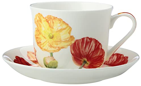 Maxwell & Williams JY0033 Tasse mit Untertasse 480 ml – Serie Floriade – Weiß Bone China Porzellan in Geschenkbox – Mohn