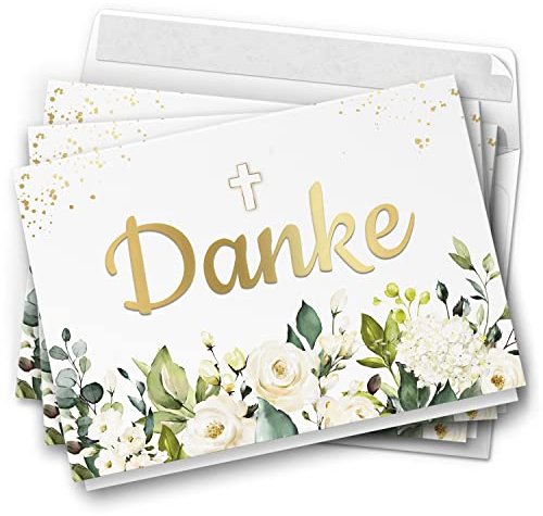 10 Dankeskarten Klappkarten Konfirmation Kommunion Taufe Kirchlich mit Umschlägen Motiv Danke Großes Kreuz Blumen edel Jungen Mädchen