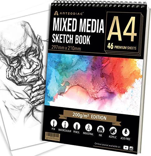 ARTZODIAC A4 Sketchbook, 200gsm, 46 Sheets, A4 (297x210mm), White, Smooth Paper, Spiral-Bound, Perfect for Artists & Students
