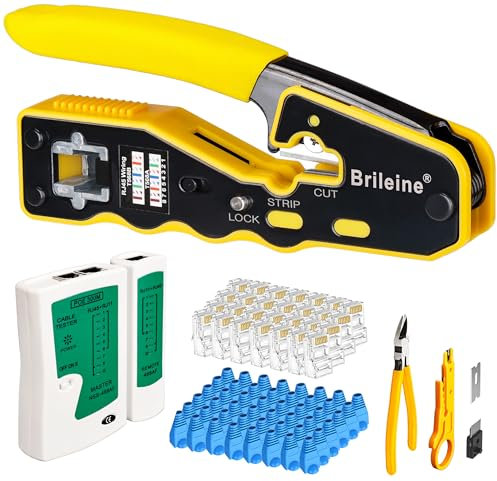Brileine RJ45 Crimp Tool Pass Through Kit, Ethernet Crimping Tool with Network Cable Tester, 50PCS CAT6 Pass Through Connectors, 50PCS RJ45 Boots, Mini Wire Stripper, Wire Cutter Plier