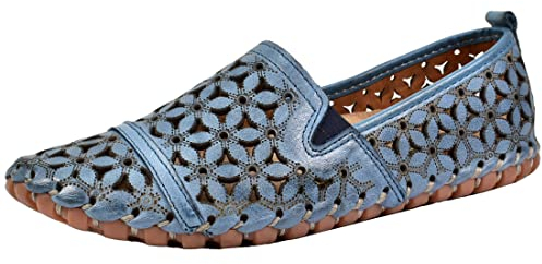 Gemini Damen Slipper Leder Mokassin floral Blumen Cutouts 031174-02, Größe:39 EU, Farbe:Blau
