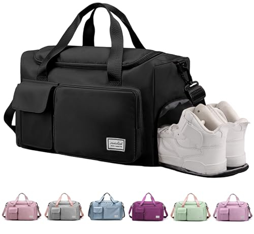 RainFlowwer Travel Duffel Bag Women Men,Sports Gym Bag with Shoes Compartment,Waterproof Travel Bag Overnight Bag with Dry Wet Separated Pocket,Carry Luggage Bag Weekender,Sports,Gym,Travel (Black)
