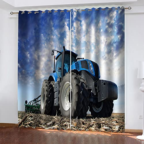 HOUKAI Gardinen Blickdichter 200x160Cm 2Er Set Vorhang Verdunkelung Mit Ösen Für Schlafzimmer Wohnzimmer, 3D Blauer Traktor Vorhang Kinderzimmer, Gardinen Junge, Vorhänge Für Kinder Mädchen