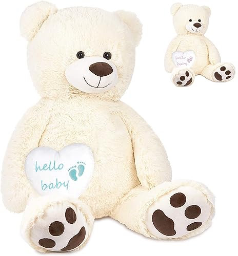 BRUBAKER XXL Teddybär Weiß 100 cm mit Hello Baby Herz Blau - Kuscheltier Geschenk für Geburt, Babyparty und Neugeborene Jungen - Stofftier mit Herzkissen Hellblau - Plüschtier