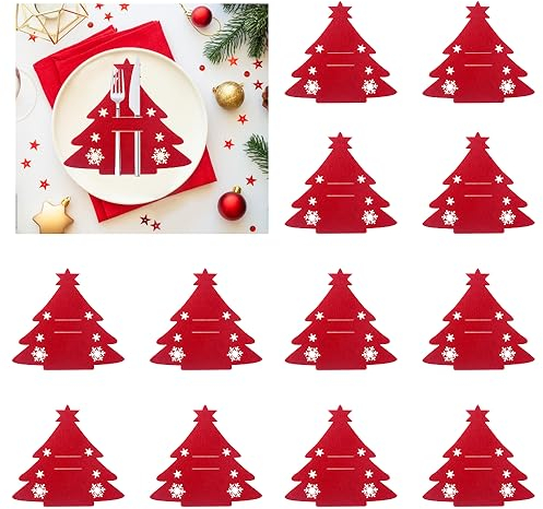 HAOMEEDUO 12 Stück Weihnachten Besteckhalter Weihnachtsbaum Bestecktasche Filz Tannenbaum Besteckbeutel Rot Weihnachtliche Bestecktaschen Weihnachten Tischdeko Bestecktasche für Messer und Gabel