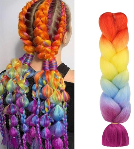 Aomig Braids Extensions, Ombre Kunsthaar zum Einflechten, 24 Haarsträhnen zum Braiding Hair Fake Hair, Einflechten Haar Flechten Extensions für Haar Box Braid Einflechten Zöpfe(Lila/Blau/Gelb/Orange)