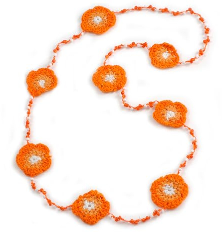 Avalaya Long collier fait à la main avec perles de verre orange/melon/blanc floral crocheté orange/blanc – 100 cm de long, taille unique, Cordons, Pas de gemme