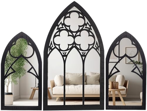 BULICADO Gothic Spiegel Wanddekoration - 3 Stück Set 15,8 Zoll Gothic Möbel Kathedrale Spiegel - Halloween Dekor für Bad und Küche - Goth Zubehör für Schlafzimmer - Hexe Geschenke für Frauen
